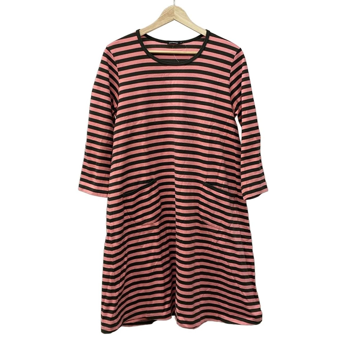 marimekko マリメッコ ワンピース サイズM レディース ライトピンク カーキ クルーネック 長袖 ひざ丈 ボーダー