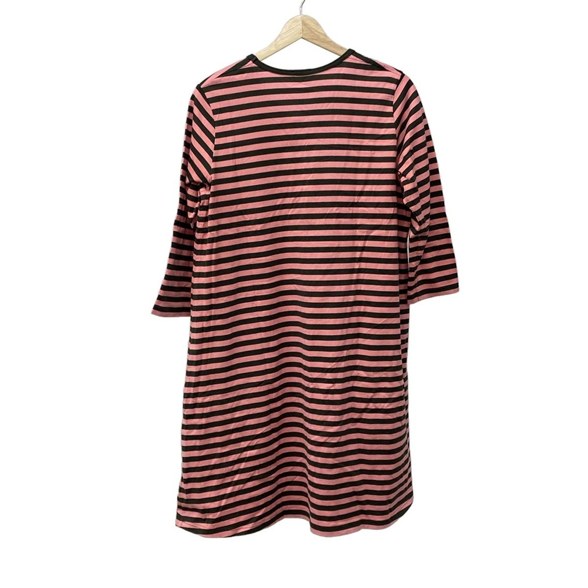 marimekko マリメッコ ワンピース サイズM レディース ライトピンク カーキ クルーネック 長袖 ひざ丈 ボーダー