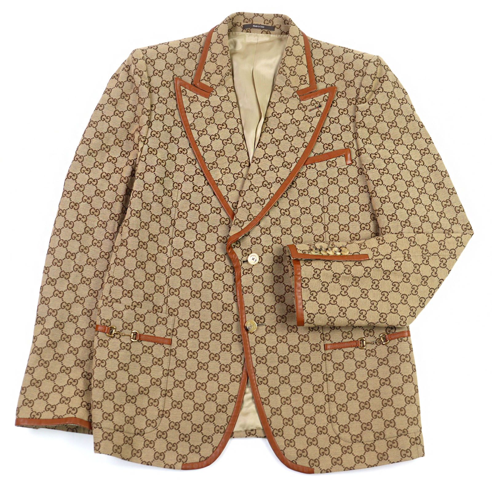 ○GUCCI グッチ 668049 大きめサイズ GGキャンバス ホースビット レザー使い テーラードジャケット ブレザー ベージュ系 52 イタリア製 メンズ