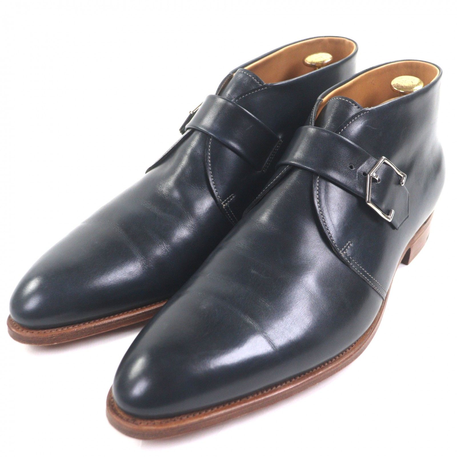 John Lobb ジョンロブ ハイゲート レザー プレーントゥ アンクルブーツ ネイビー シルバー金具 9 イングランド製 メンズ
