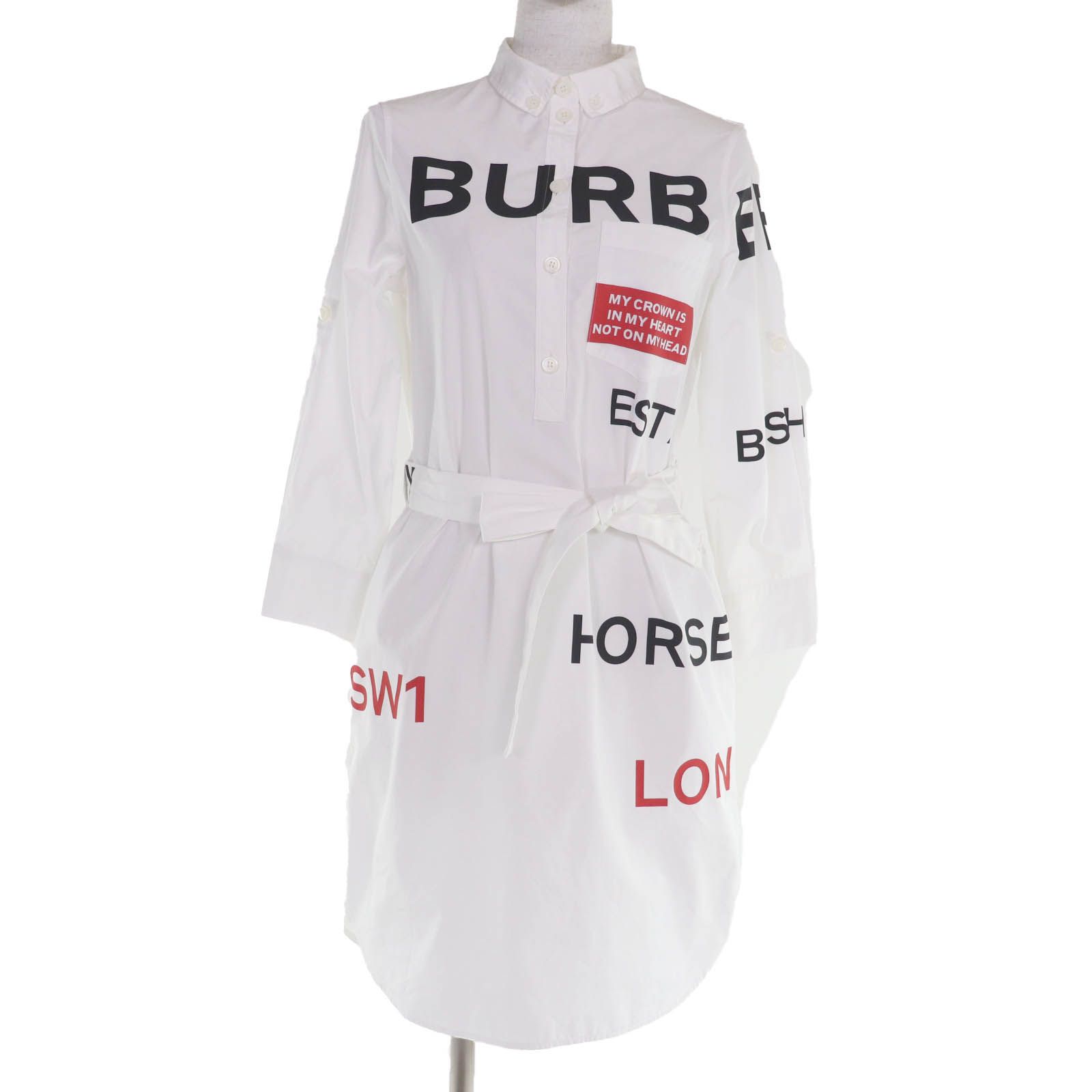 バーバリー 8013907 コットン100％ ホースフェリー ティッシ期 シャツワンピース ホワイト 36 レディース