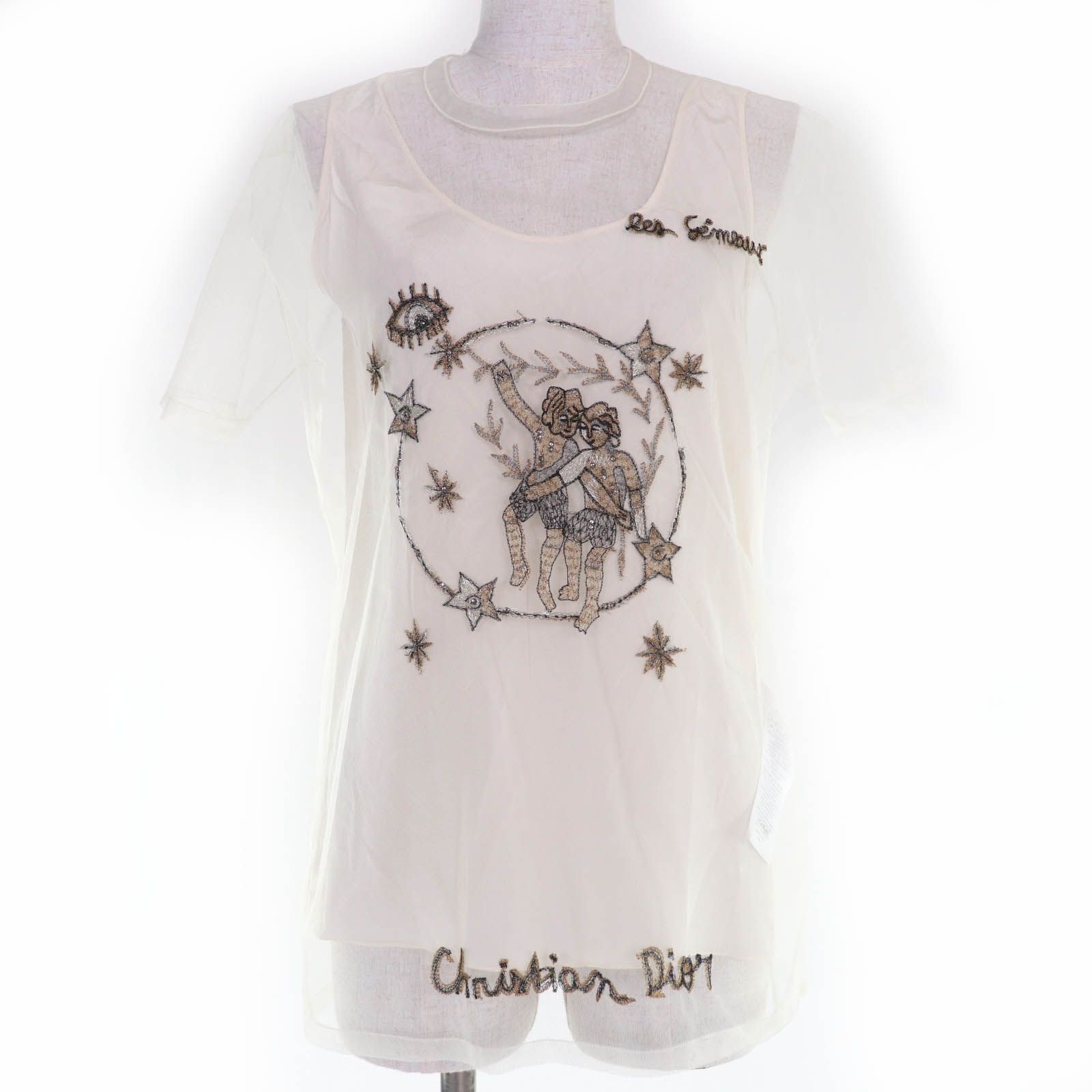 Christian Dior クリスチャンディオール シルク ロゴ刺繍入り 半袖Ｔシャツ アイボリー 38 イタリア製 レディース