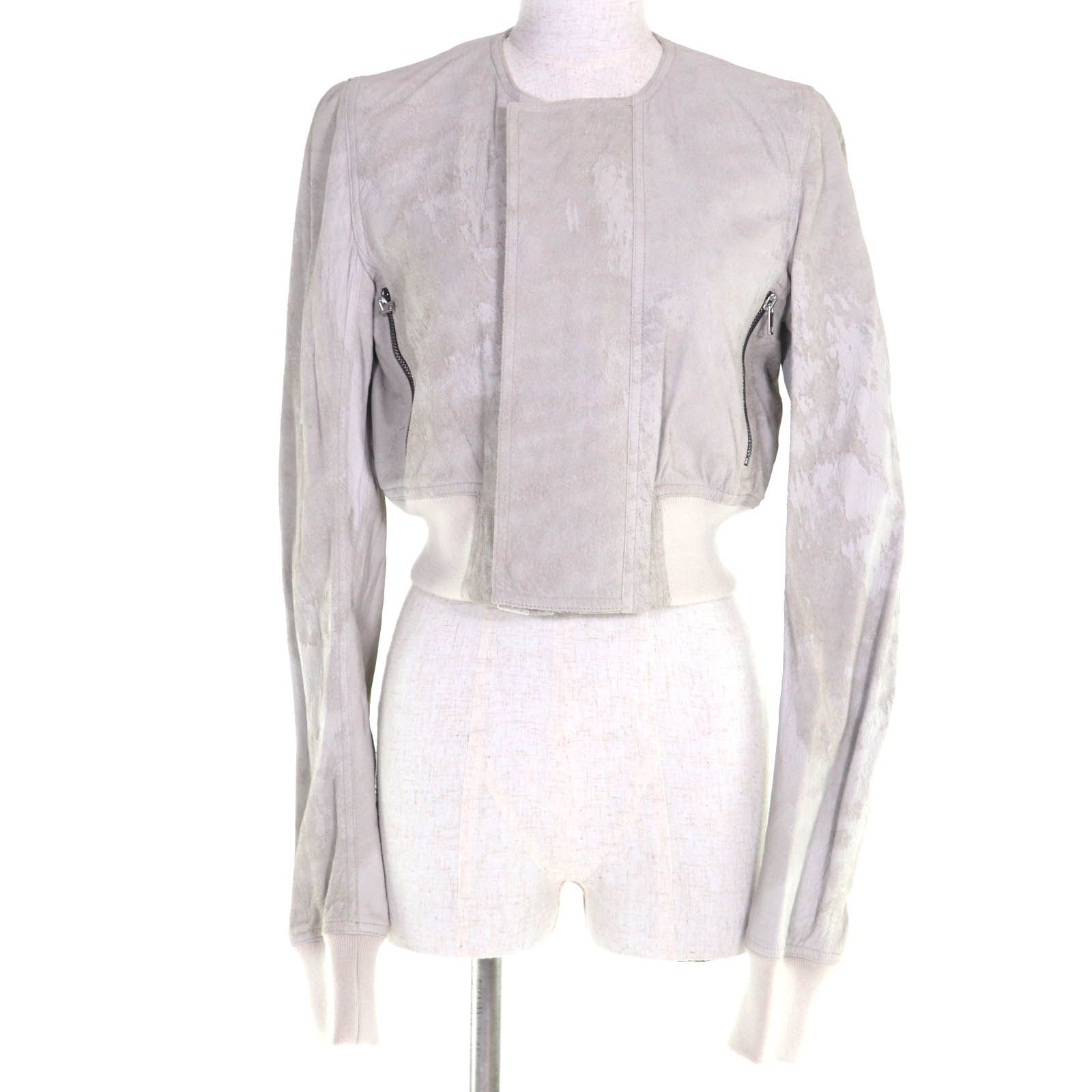 ♥品 Rick Owens リックオウエンス -LBA ラムスキン ダメージ加工 クロップド ノーカラージャケット グレー 40 イタリア製 レディース 定価270 600円