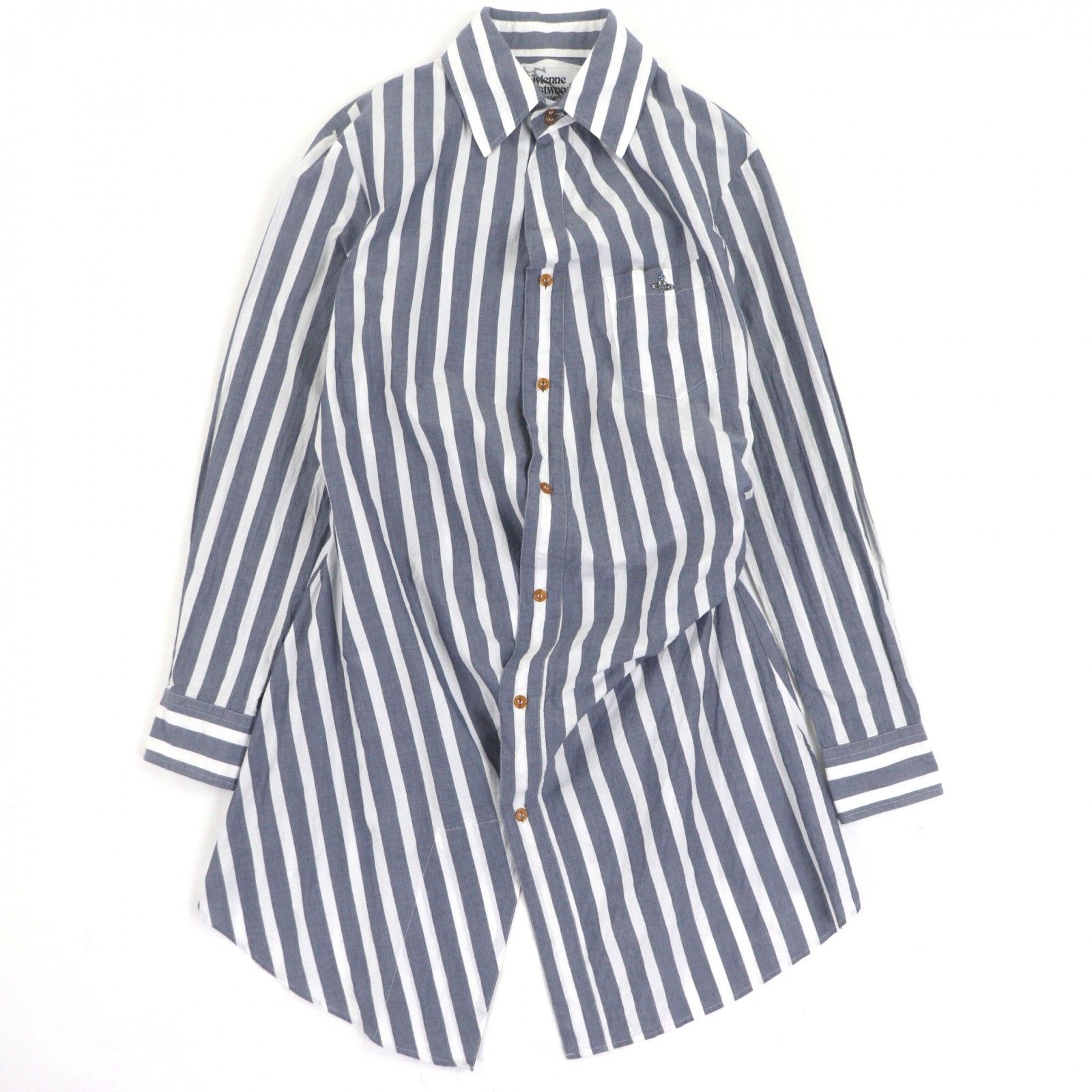 Vivienne WestwoodMAN ヴィヴィアンウエストウッドマン 7208 コットン オーブ刺繍 ストライプ柄 変形シャツ 長袖シャツ ネイビー 46 日本製 メンズ