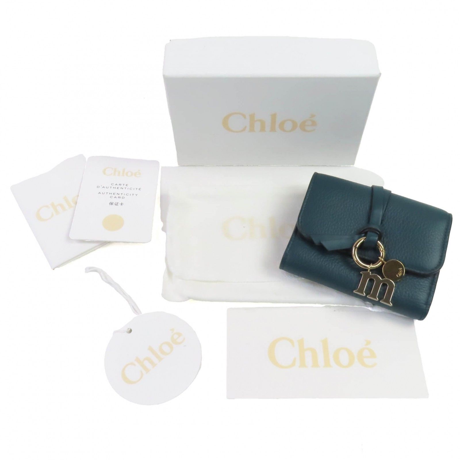 ♥品 Chloe クロエ アルファベット トリフォールド スモール レザーウォレット 三つ折り財布 グリーン ゴールド金具 箱 保存袋付き イタリア製 レディース