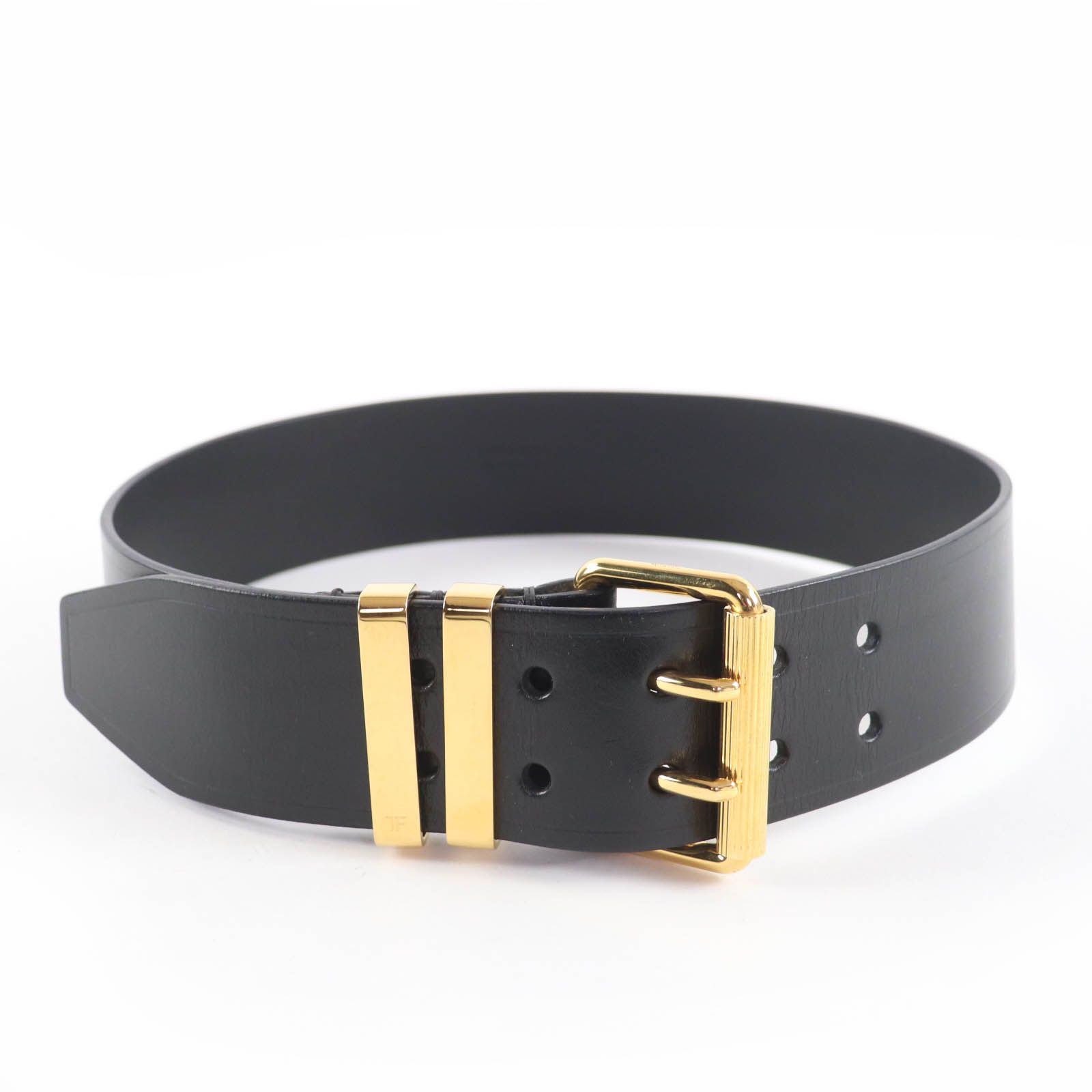 TOM FORD トムフォード ダブルピンバックル グレインカーフレザー ベルト ブラック ゴールド金具 70|28 保存袋付き イタリア製 レディース