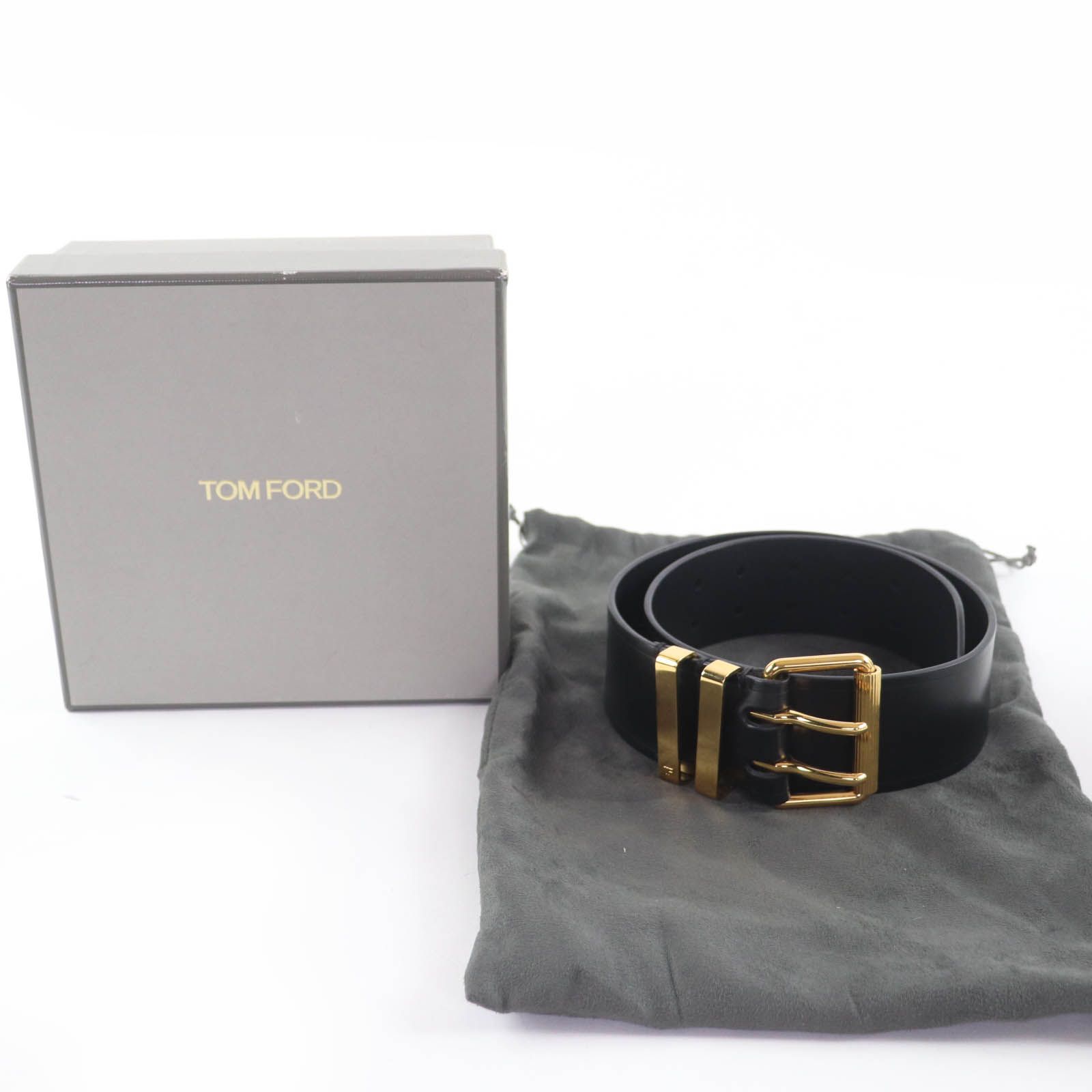 TOM FORD トムフォード ダブルピンバックル グレインカーフレザー ベルト ブラック ゴールド金具 70|28 保存袋付き イタリア製 レディース