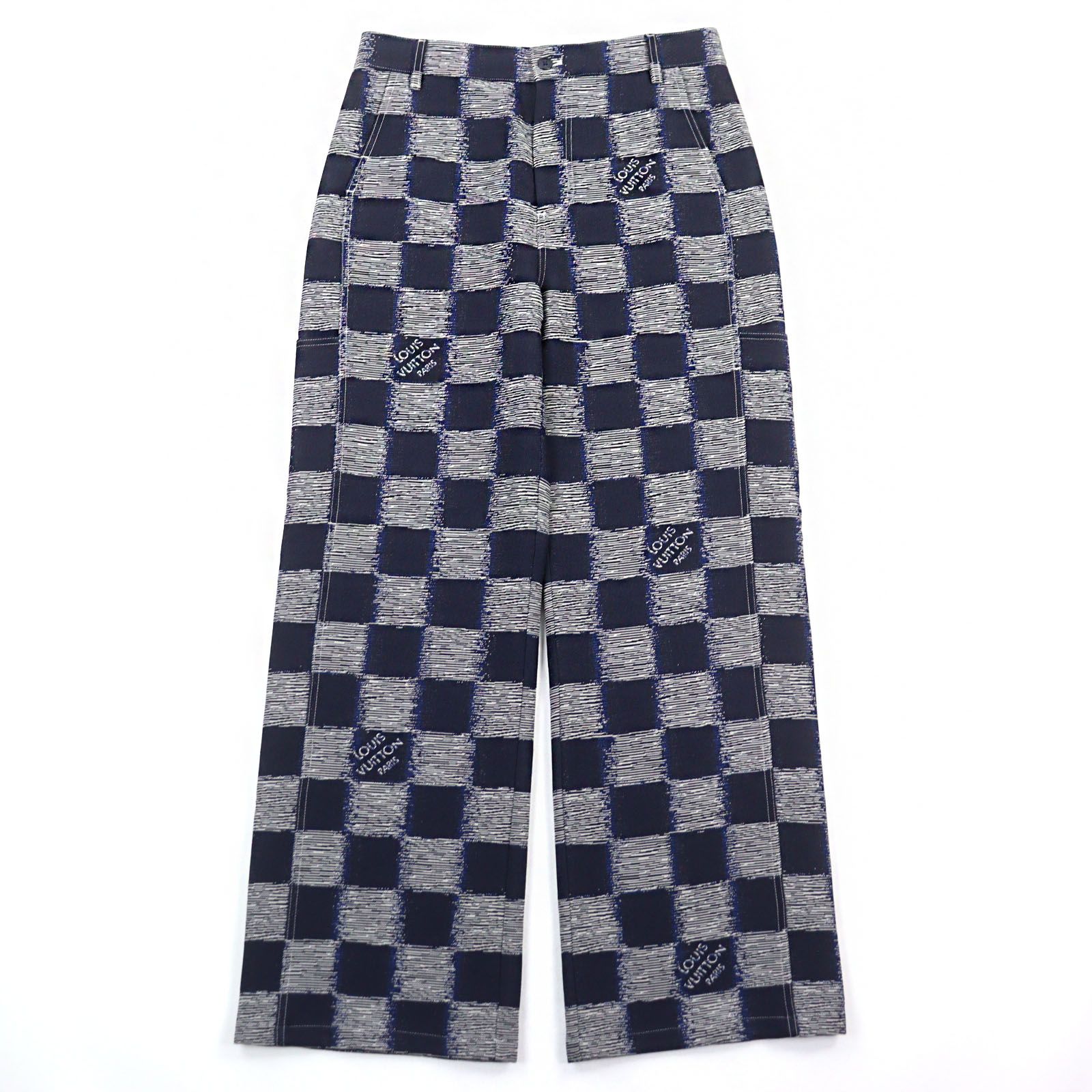 ○LOUIS VUITTON ルイヴィトン 2025年製 HQP 08 W ウール ダミエ ロゴ刺繍 ワークウェアパンツ ネイビー系 50 イタリア製 メンズ