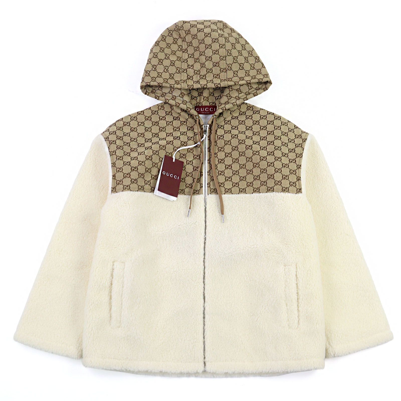 ♥品○GUCCI グッチ 24 AW 798503 GGインターシャ 中綿入り ボアブルゾン ウールフリースジャケット ベージュ アイボリー S イタリア製 メンズ