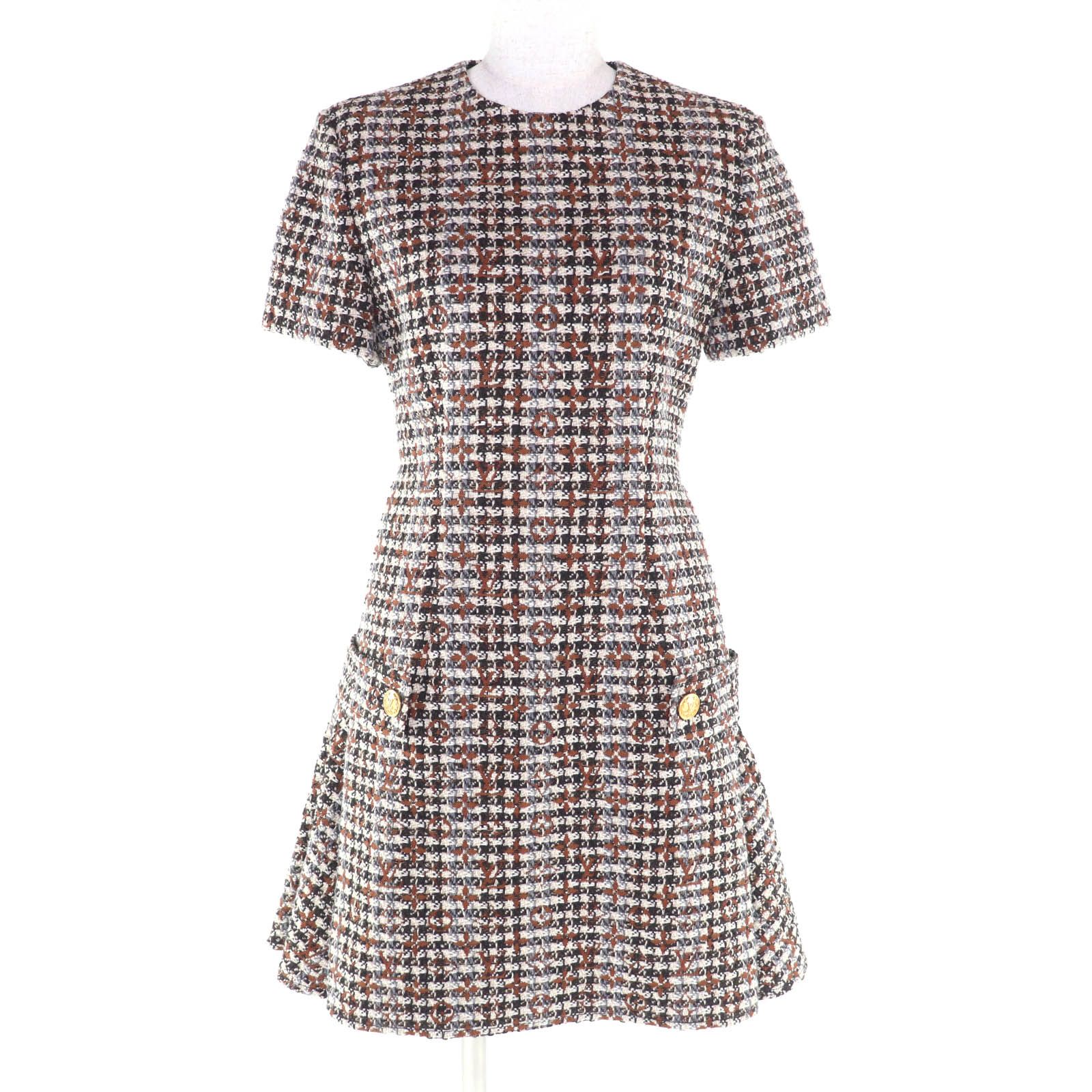 LOUIS VUITTON ルイヴィトン 2025年製 モヘア混 ロゴボタン付 モノグラム 半袖 ツイード ワンピース マルチ 34 ハンガー ガーメント付き イタリア製 レディース