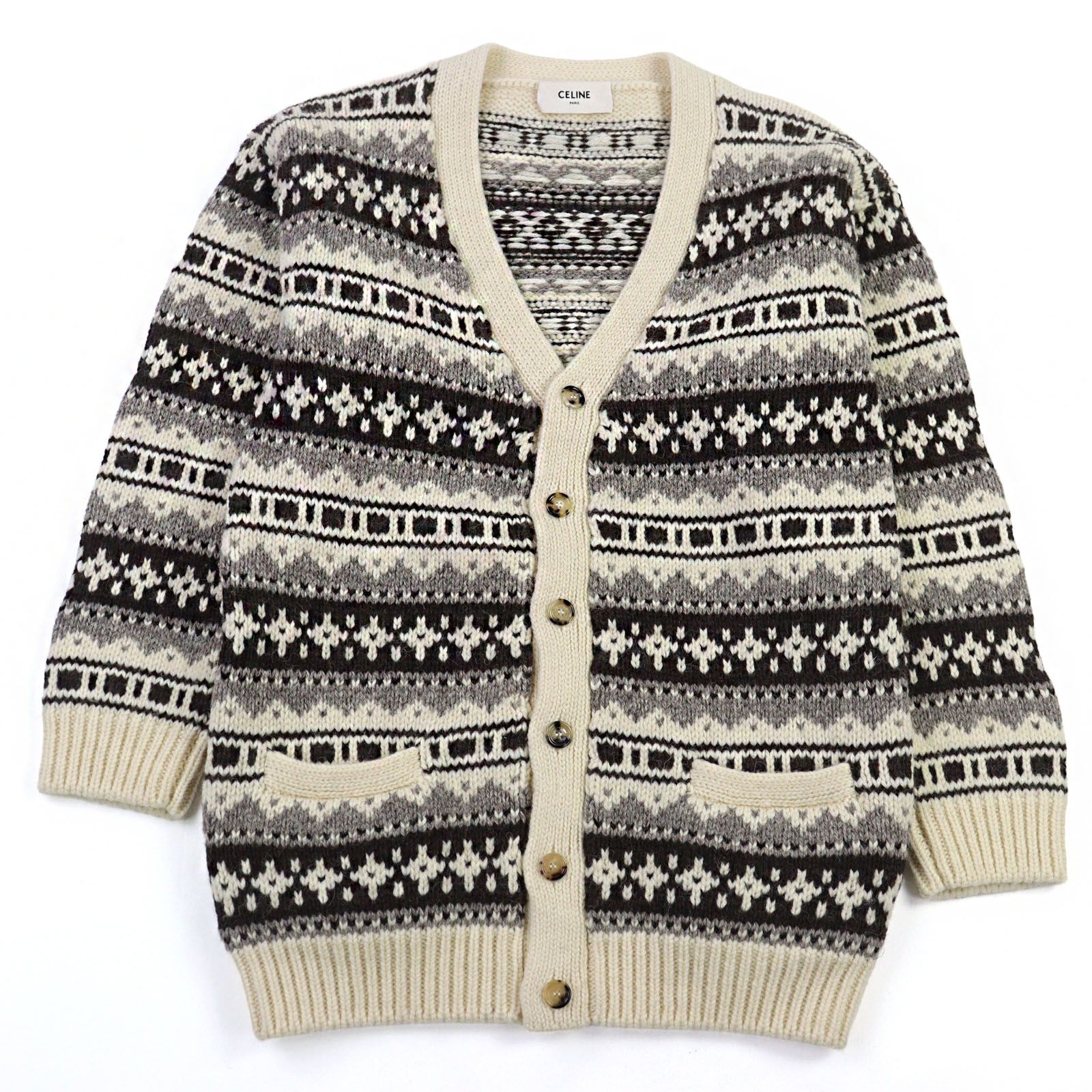 ○CELINE セリーヌ 21 AW ウール エディスリマン期 シェットランド ロゴボタン ノルディック柄 オーバーサイズ ニット マルチカラー XS 英国製 メンズ