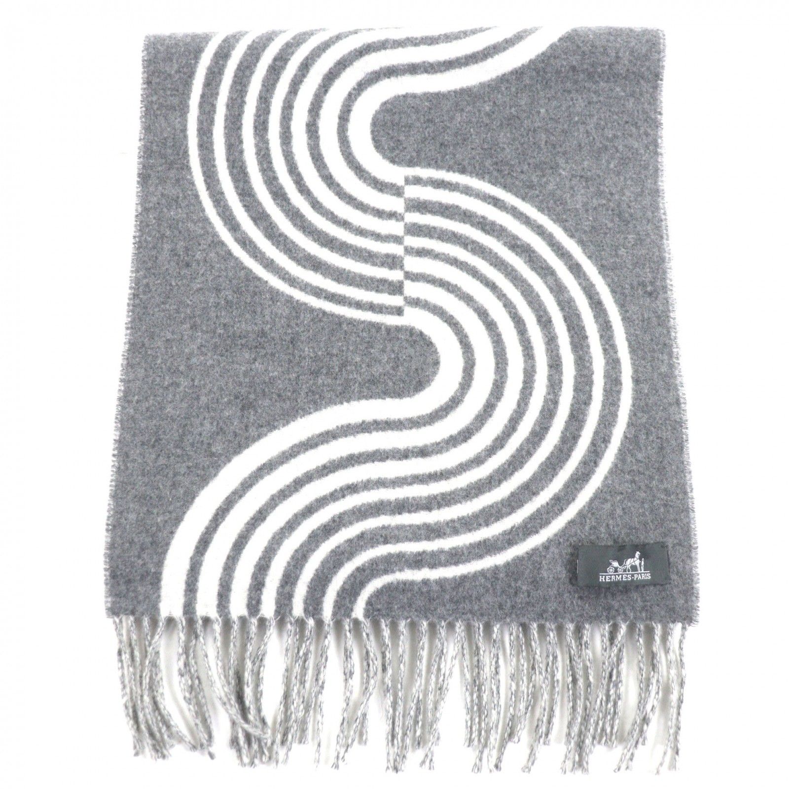 HERMES エルメス カザック ヴァーグ カシミヤ グリ フランネル|イヴォワール フリンジ付き マフラー き 英国製 メンズ