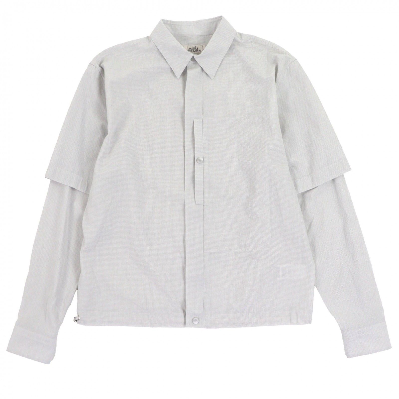 HERMES エルメス 24 SS ミニヴィシー コットン セリエボタン レイヤードデザイン ダブルジップアップ ロングスリーブ 長袖シャツ ライトグレー 48 フランス製 メンズ