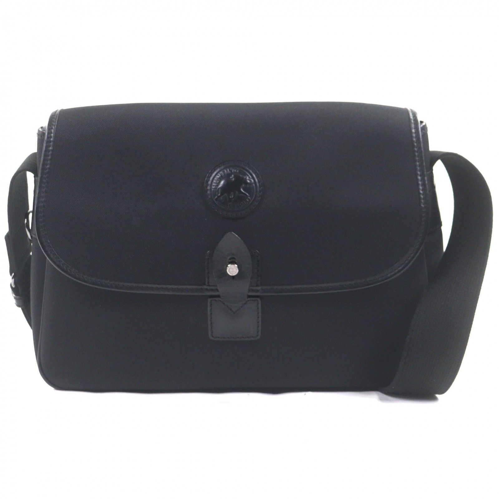 HUNTING WORLD ハンティングワールド サファリ トゥデイ キャンバス レザー ロゴワッペン付き フラップ式 ショルダーバッグ ブラック イタリア製 メンズ