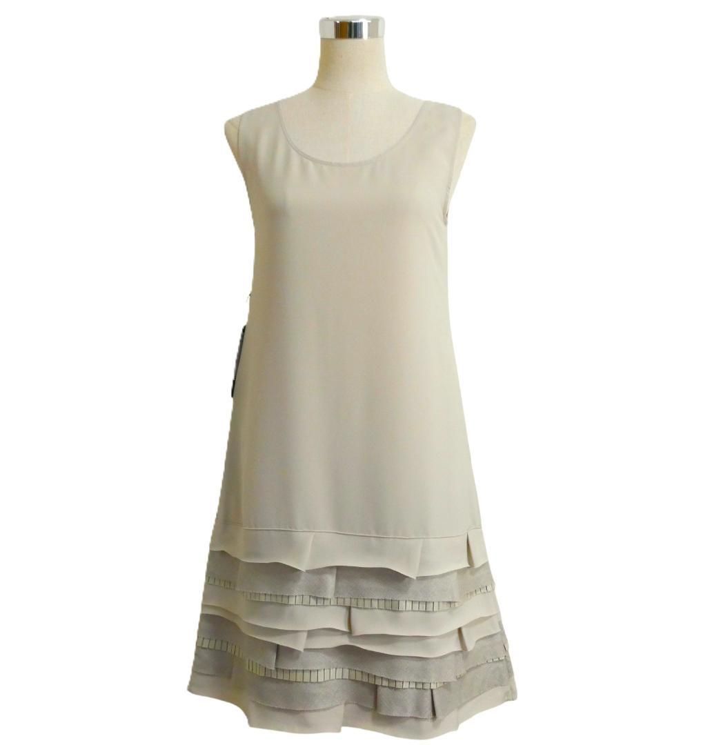 FOXEY フォクシーブティック サイズ40 ドレスリネンワッフル 膝丈 ティアード ノースリーブ ワンピース ドレス ベージュ レディース