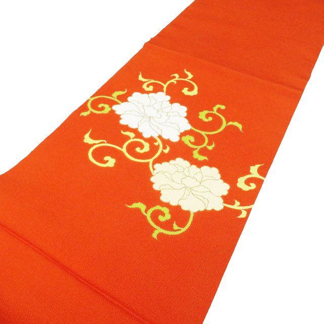 特選 開き名古屋帯 なごや帯 リサイクル 志ま亀 正絹 カジュアル 花の図 牡丹唐草 赤橙色 金 きもの北條 A 1090 15