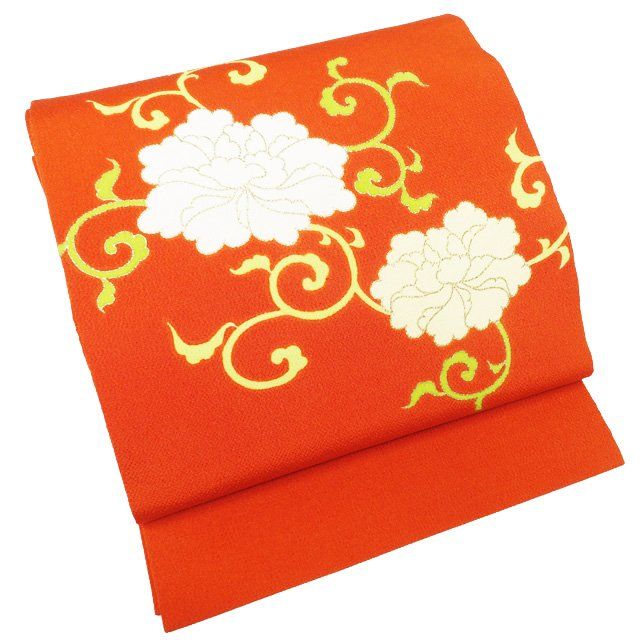 特選 開き名古屋帯 なごや帯 リサイクル 志ま亀 正絹 カジュアル 花の図 牡丹唐草 赤橙色 金 きもの北條 A 1090 15