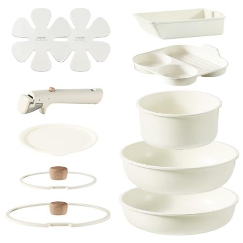 CAROTE カローテ フライパン セット 11点 IH?ガス火対応 PFOAなどの有害物質不使用 5層構造 鍋セット 卵焼き 仕切りフライパン 取っ手のとれる マーブルコート こびりつきにくい 手入れ簡単 一年保証 ベージュ Grain グレインシリーズ m