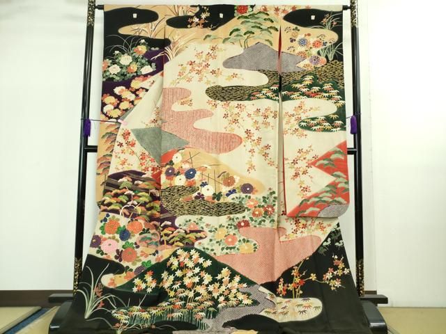 平和屋着物● 上 アンティーク 大正ロマン 振袖 刺繍 吉祥花文 黒地 金彩 kh 6