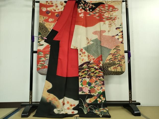 平和屋着物● 上 アンティーク 大正ロマン 振袖 刺繍 吉祥花文 黒地 金彩 kh 6