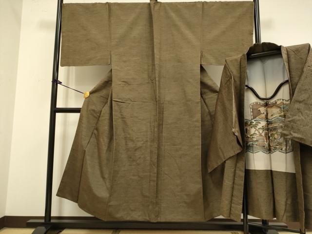 平和屋着物 上 男性 紬 アンサンブル キングサイズ 長羽織 髭紬 濃い黄枯茶色 kh 6