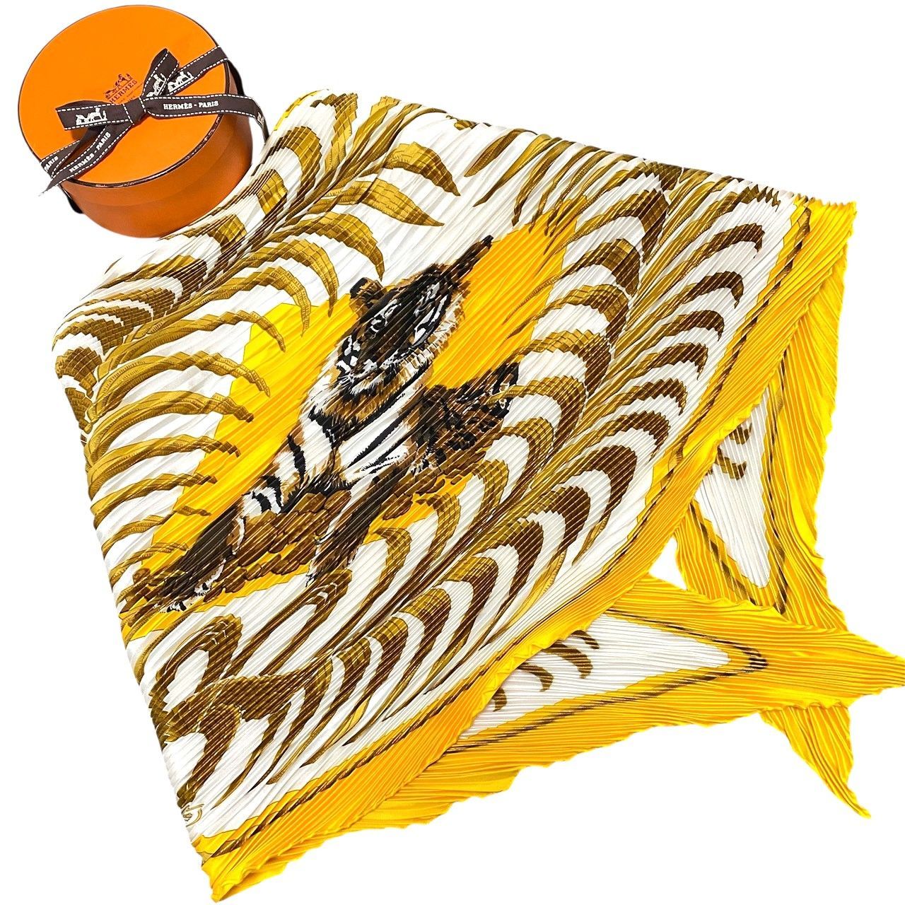 3787 HERMES エルメス プリーツカレ90 王者の虎 Tigre Royal イエロー