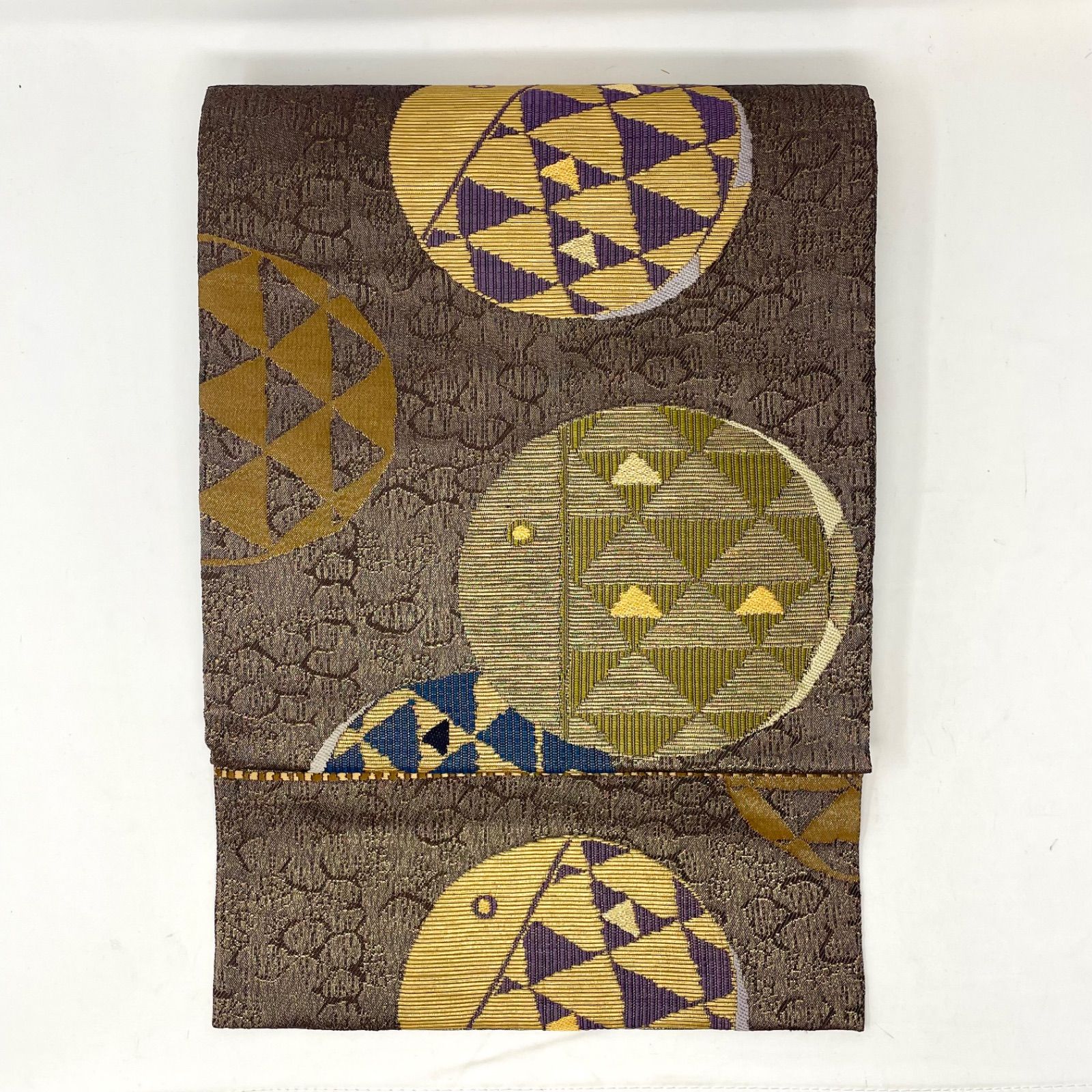 袋帯 正絹 こげ茶 丸 鱗 うろこ 付け下げ 訪問着 色無地 踊り 舞踊 ワンオーナー KEI 013