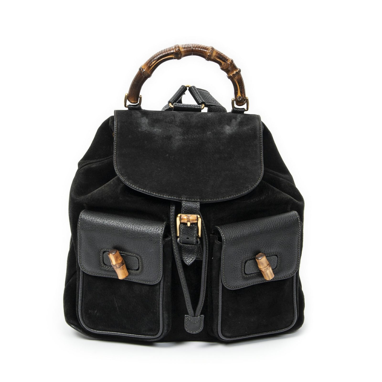 GUCCI グッチラージバンブー リュックサック黒スエードレザーAB