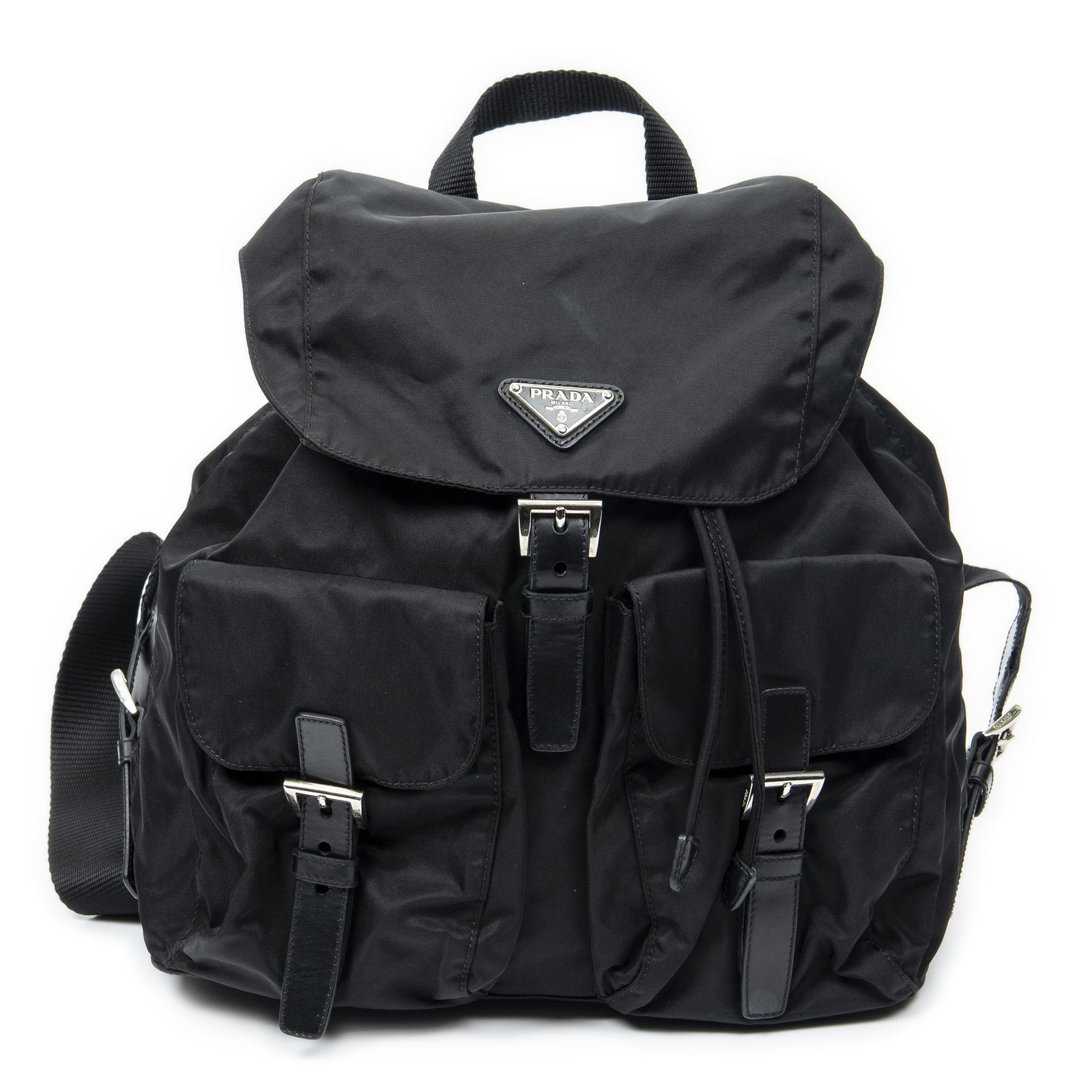 PRADA プラダ巾着フラップ バックパック黒ナイロンキャンバスA