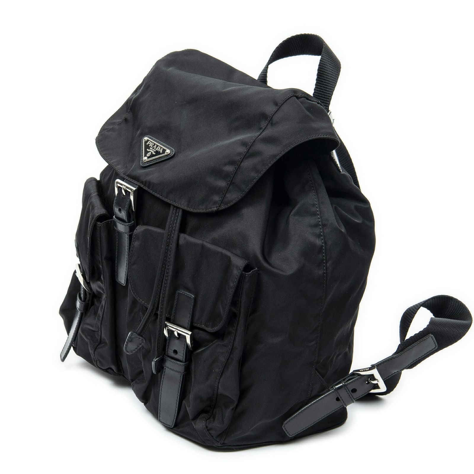 PRADA プラダ巾着フラップ バックパック黒ナイロンキャンバスA