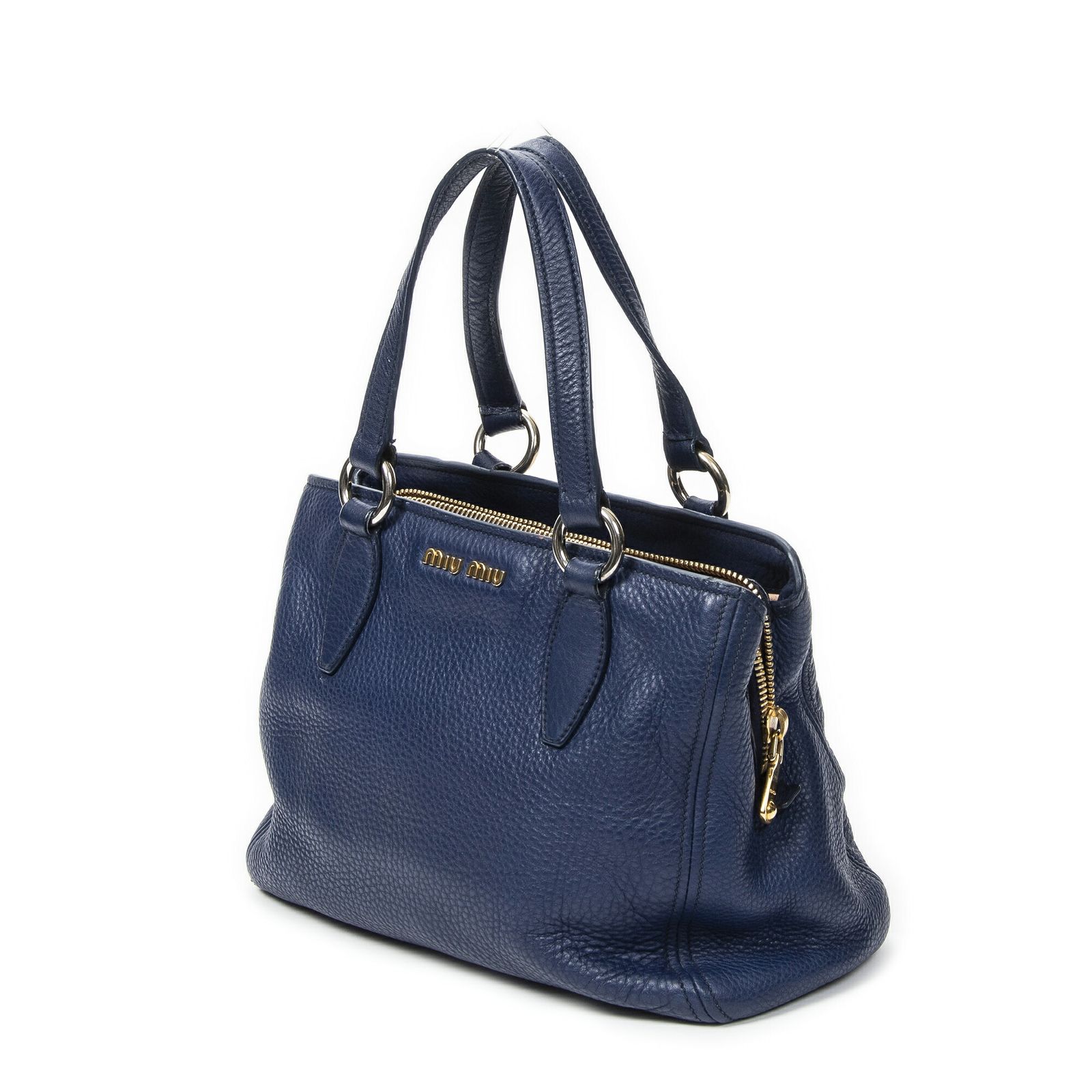 MIU ミュウミュウスモール ショッピングトートネイビーヴィテロ カリブレザーA