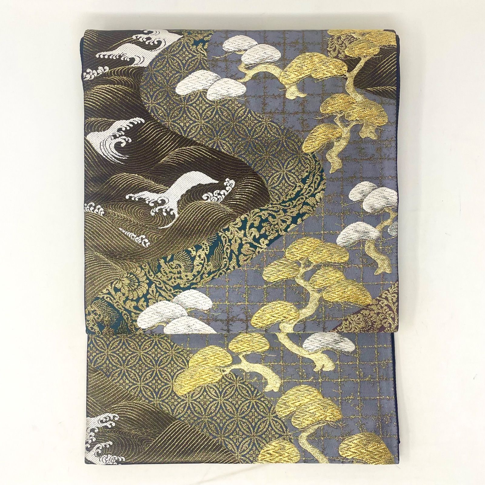 袋帯 ］正絹 松 刺繍 金糸 銀糸 波 七宝 格子 吉祥文様 付け下げ 訪問