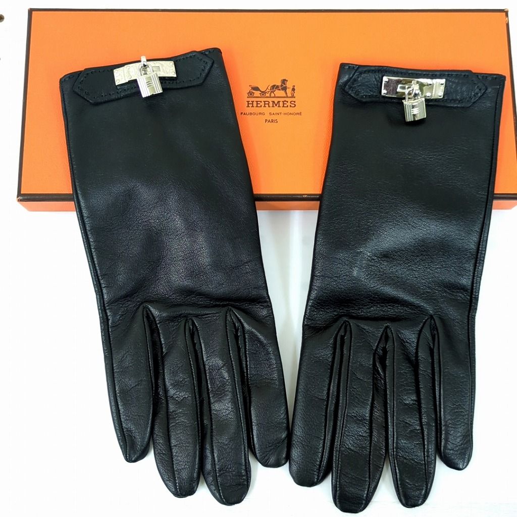 HERMÈS エルメス ブラック ソヤ ケリー 手袋 レザー フランス製 7 1/2