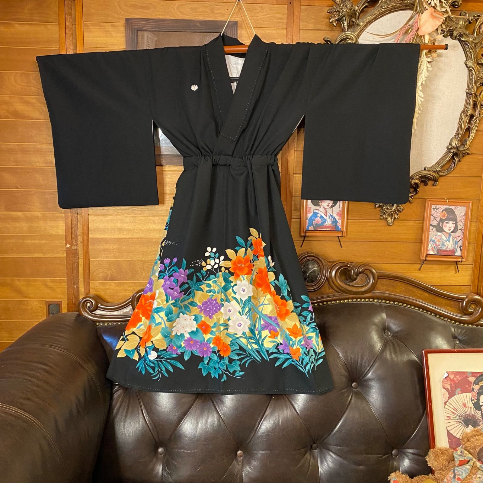 黒留袖 着物 リメイク ワンピース ドレス 和洋折衷 洗える 化繊 ハンドメイド レトロ 古着 慶びの万華鏡・色彩の花園 TKW-122 黒留袖 着物 リメイク ワンピース ドレス 和洋折衷 洗える 化繊