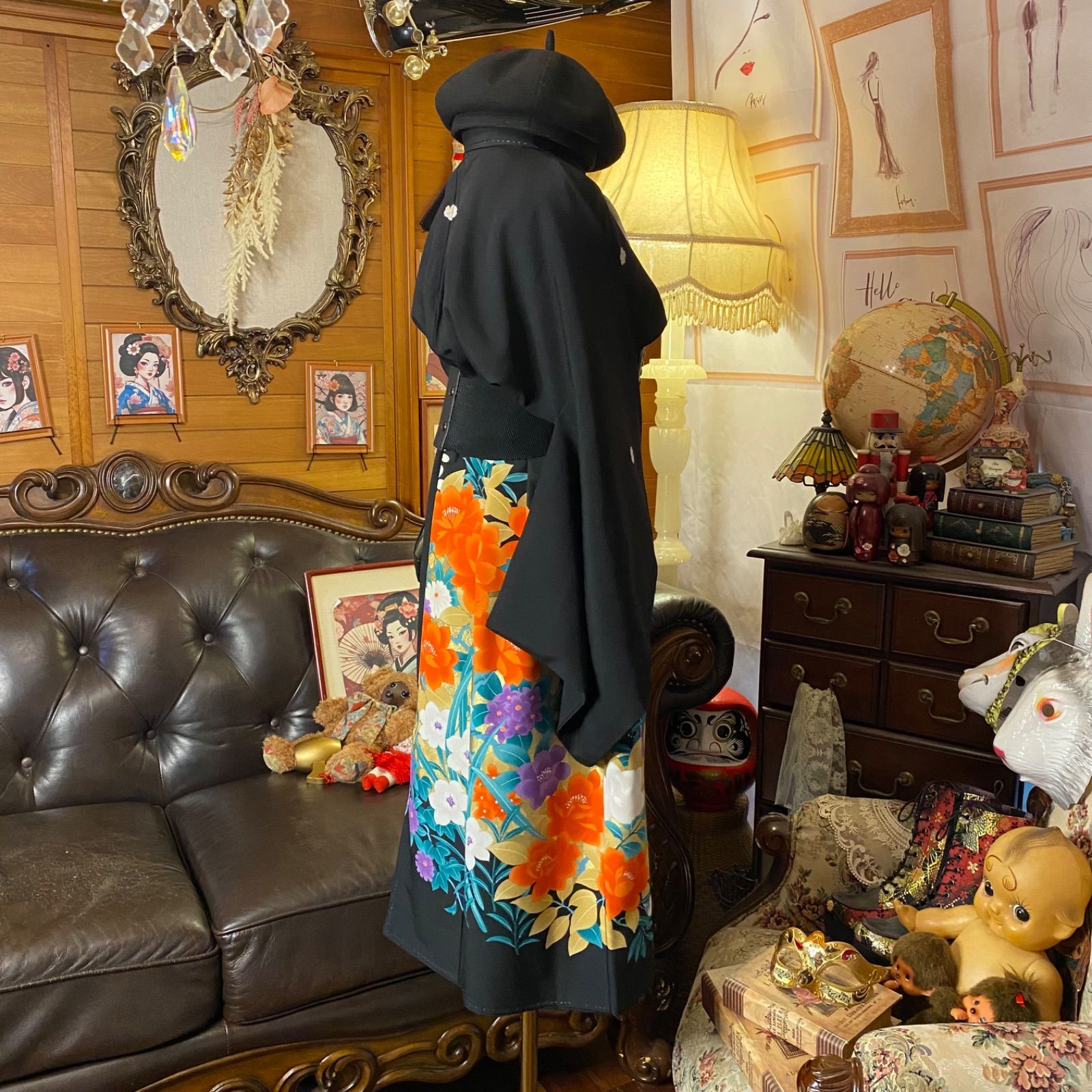 黒留袖 着物 リメイク ワンピース ドレス 和洋折衷 洗える 化繊 ハンドメイド レトロ 古着 慶びの万華鏡・色彩の花園 TKW-122 黒留袖 着物 リメイク ワンピース ドレス 和洋折衷 洗える 化繊