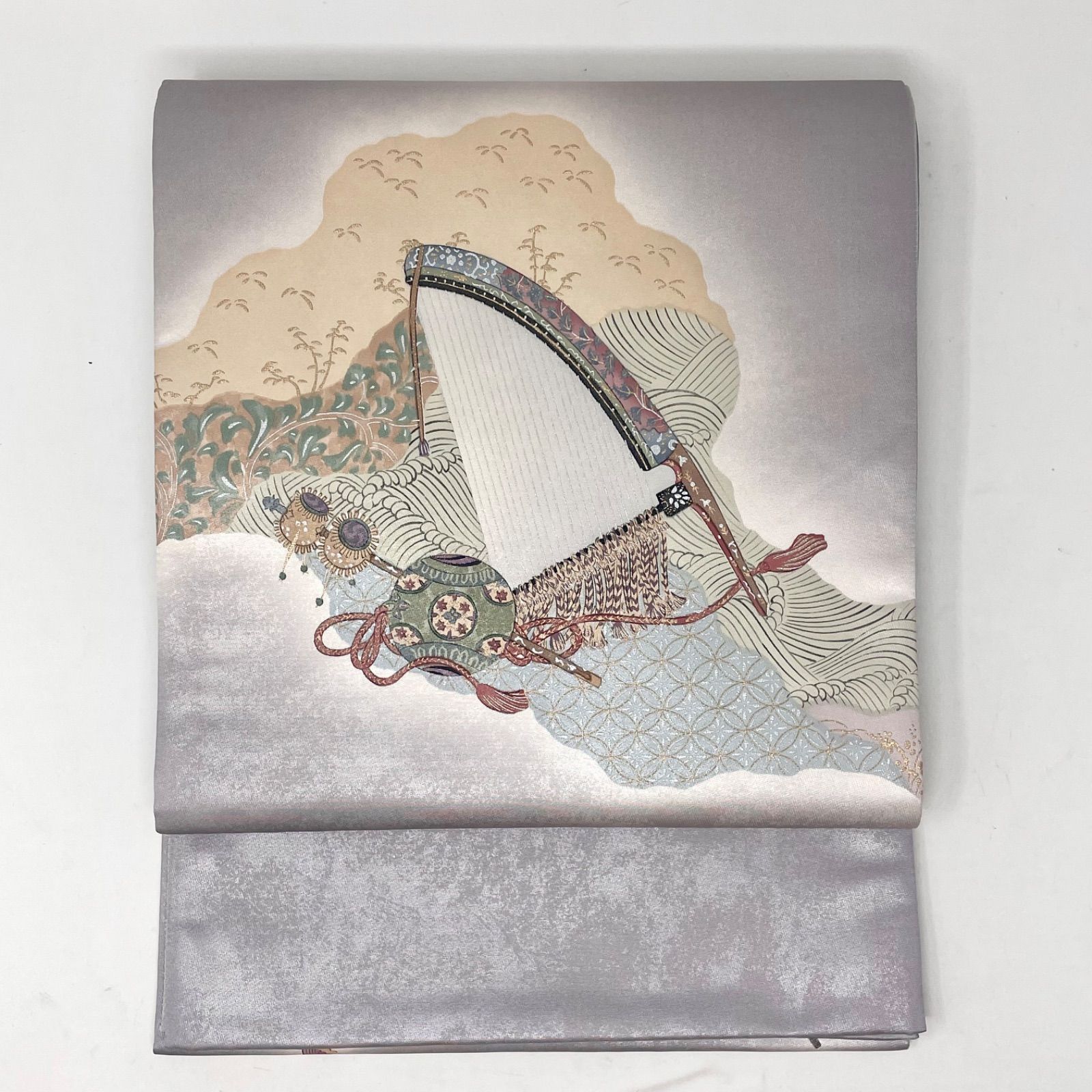 袋帯 正絹 灰みの薄紫 ぼかし 作家物 樽本伊勢蔵 伝統工芸士 楽器 万葉稚楽器 付け下げ 訪問着 色無地 踊り 舞踊 ワンオーナー KEI-015