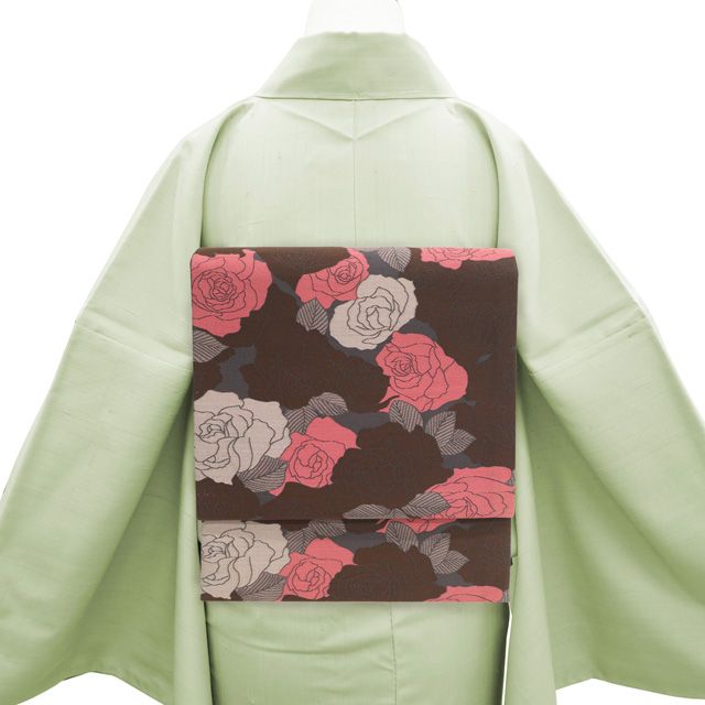 袋帯 リサイクル 正絹 京都 西陣 チョコレートブラウン ローズ色 グレー 薔薇 花 織り柄 セミフォーマル ～ カジュアル 春 秋 冬 おしゃれ 茶色 ピンク 仕立て上がり みやがわ sb 54935