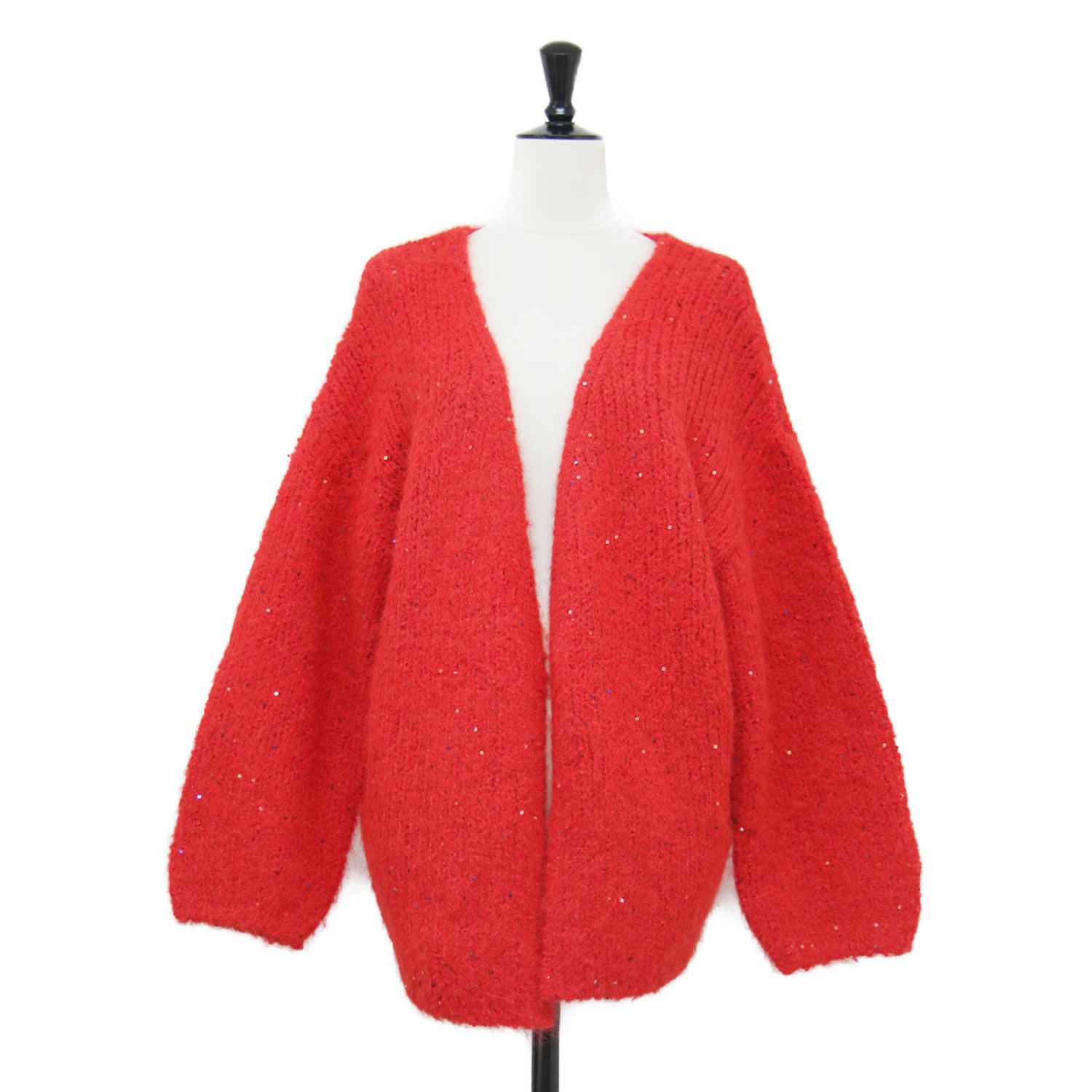 COUTURE DADAM クチュールドアダム カーディガン レッド サイズ 38 M 25秋冬 スパンコール フラッフィー ニット Sequin Fluffy Knit CD Vネック ミディ丈 レディース