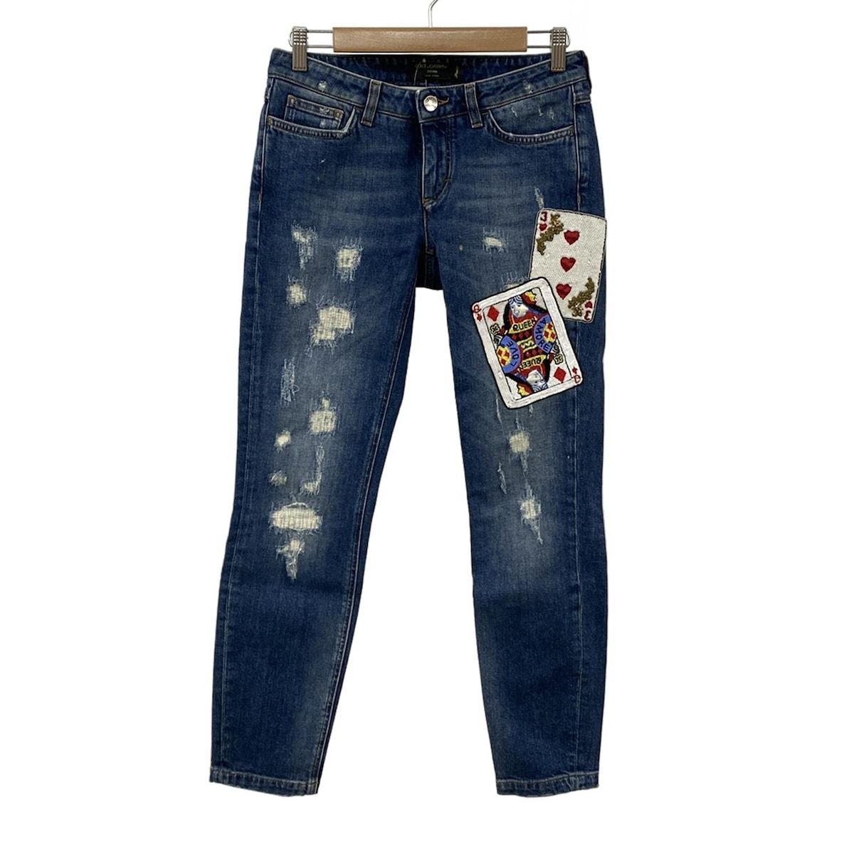 ドルチェアンドガッバーナ ジーンズ サイズ38 S レディース ブルー フルレングス スパンコール ビーズ ダメージ加工 DENIM