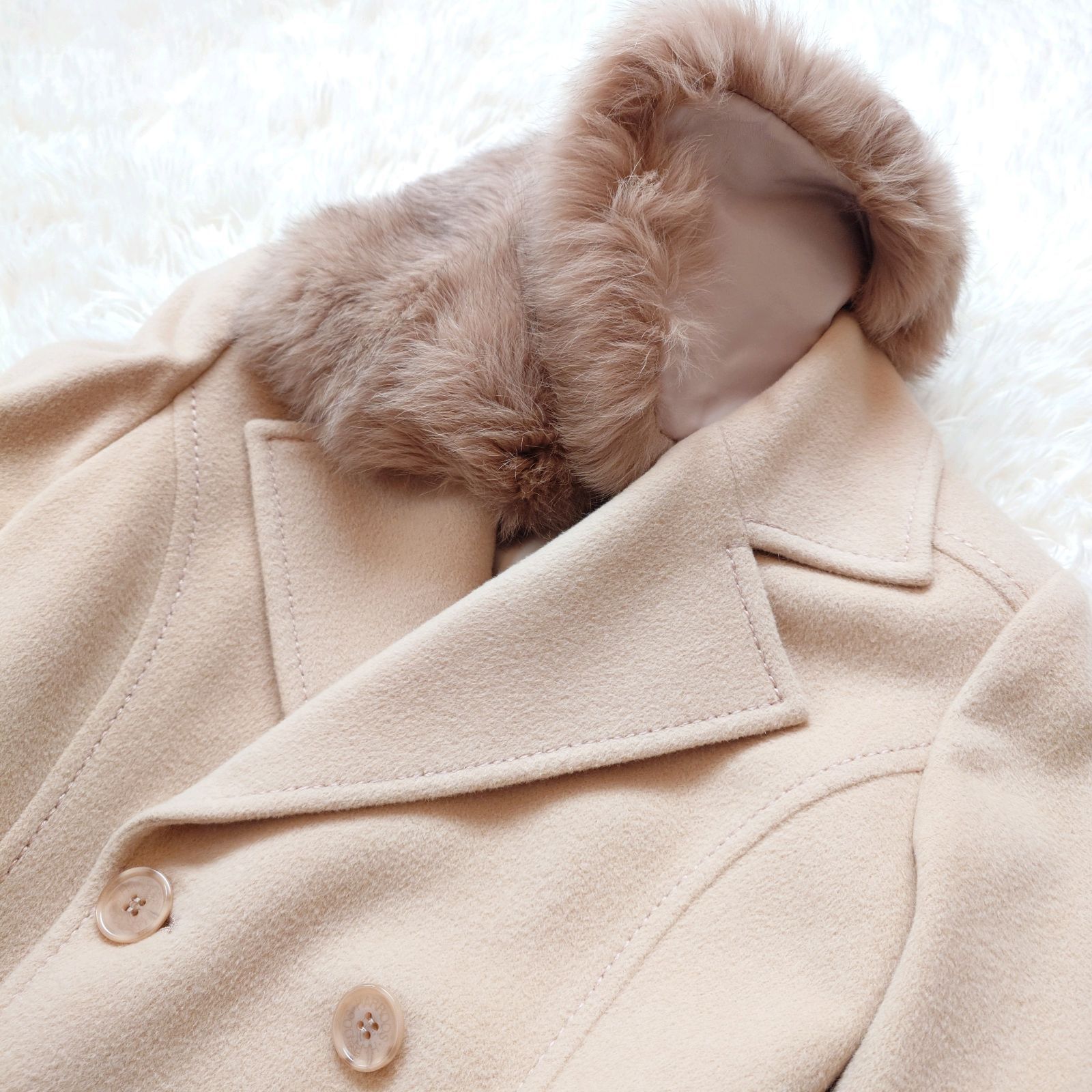 ハロッズ　HARRODS アイボリー ロングコート ファー襟 ハロッズHARRODS アイボリー ロングコート ファー襟