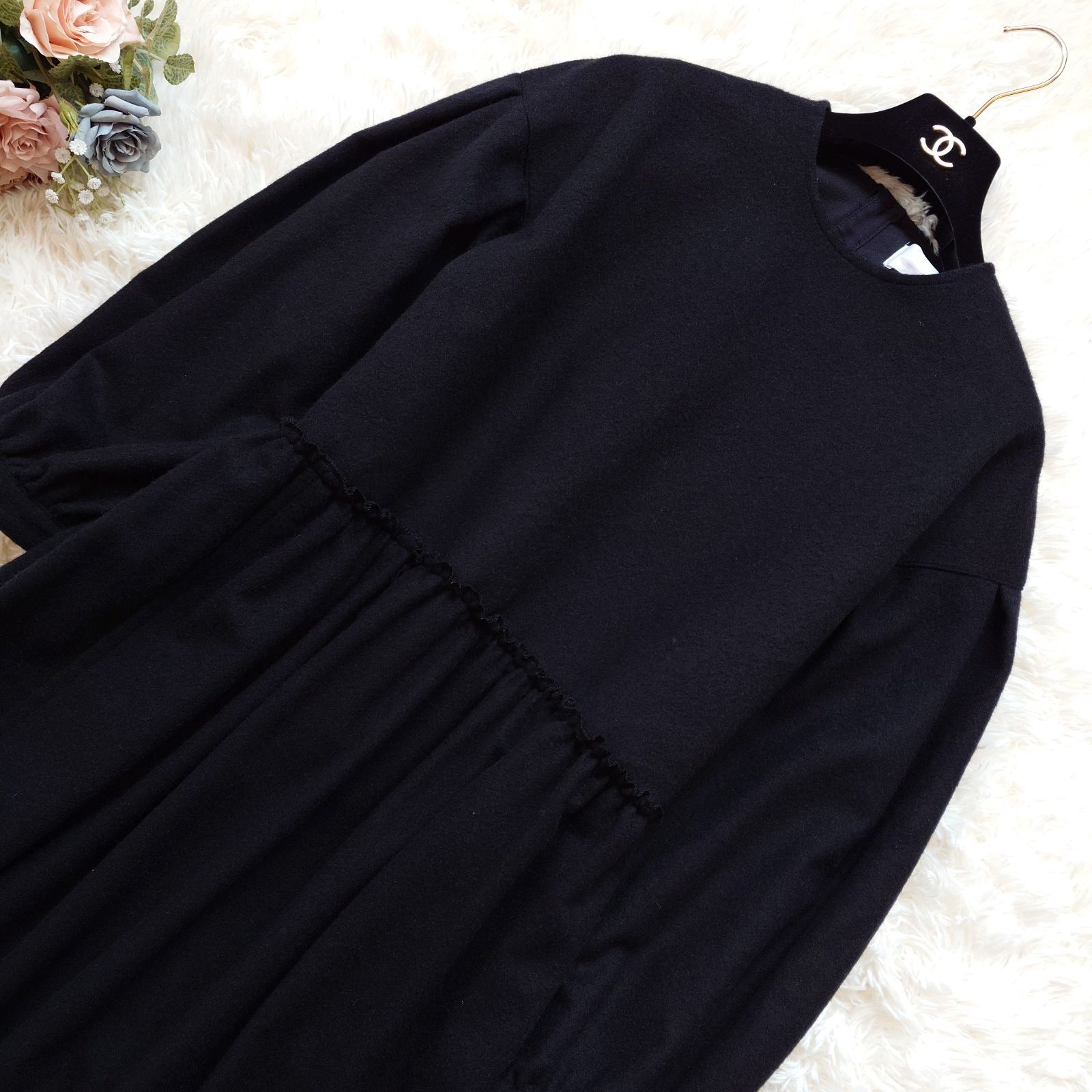 タオ コムデギャルソン TAO COMME des GARCON S AD 2025 ロング ワンピース バルーン フ ギャザー 切り替え アシンメトリー オーバーサイズ ゆったり 縮絨ウール ブラック 黒 M