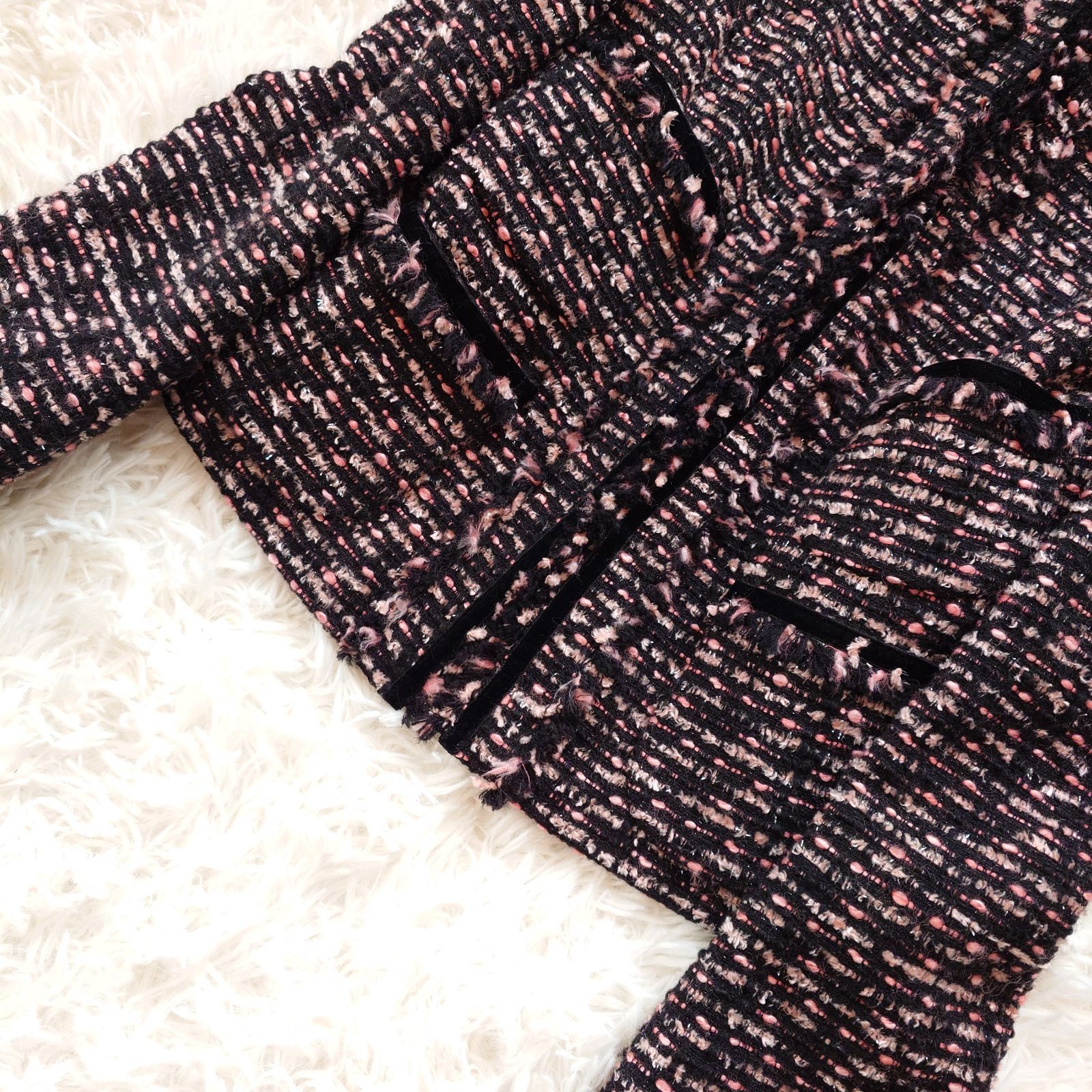 アナイ ANAYI ツイード ノーカラージャケット ラメ フリンジ ミックス