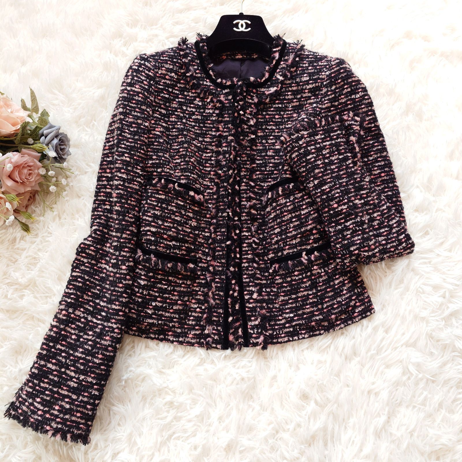 アナイ ANAYI ツイード ノーカラージャケット ラメ フリンジ ミックス