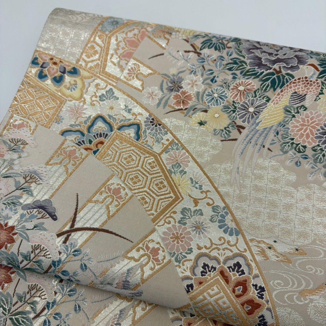 袋帯　正絹 651△六通正絹袋帯六重奏織元謹製華文様紫ピンク白金保存袋有