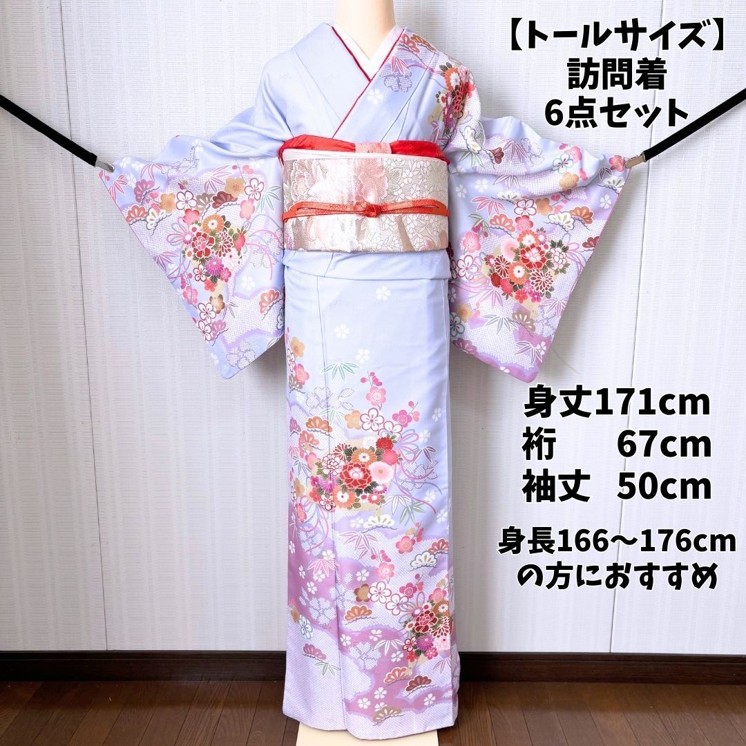 超トールサイズ】訪問着 6点セット 身丈171cm 淡藤色 花文様 洗える 高