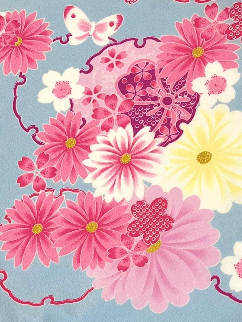  二尺袖 ポリエステル着物 山本寛斎 袴向き 雪輪 桜 蝶 MOP 584 振袖 着物