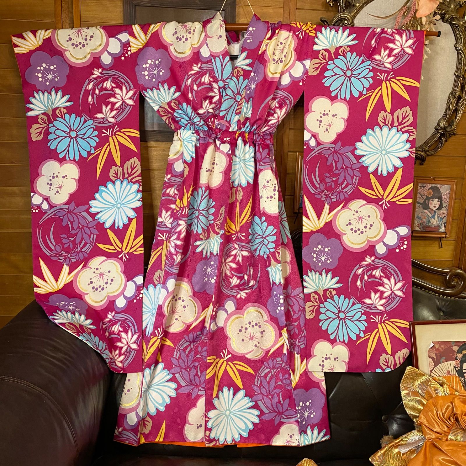 振袖 着物 ロングワンピース ドレス 2部式ローズ/バラ作り帯 リメイク