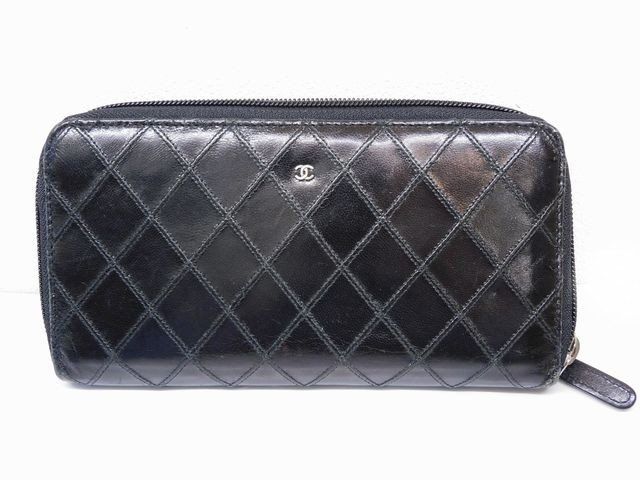 シャネル ビコローレ 長財布 ファスナー社外修理品 レザー 黒 ブラック ラウンドファスナー ウォレット CHANEL □7 K 7 L