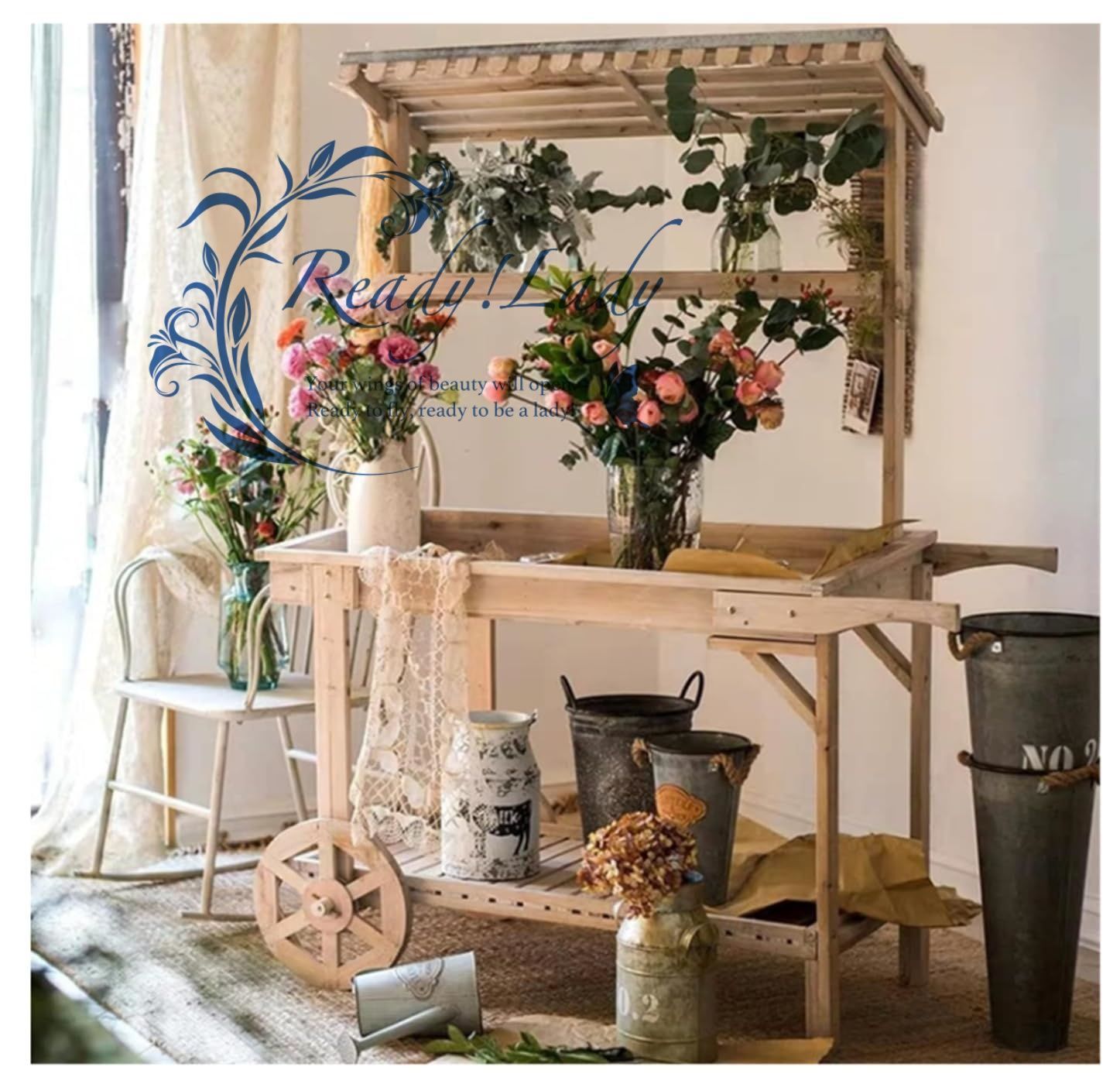 屋外の植物木製ワゴンカートフラワースタンドディスプレイ庭のための2つの車輪が付いている .5 CM