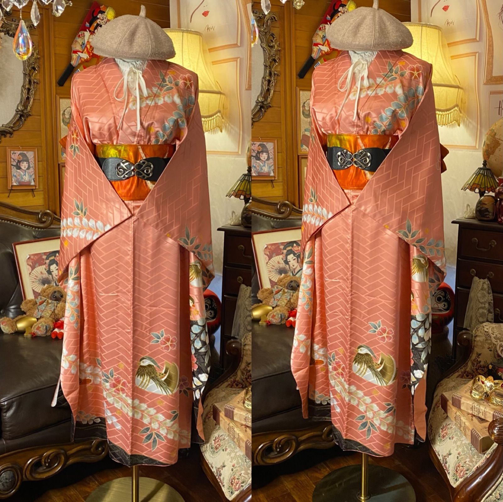 振袖 着物 ロングワンピース ドレス 2部式ローズ| 作り帯 リメイク 洗える 化繊 和洋折衷 ハンドメイド レトロ 古着 麗しのサーモンピンク おしどりの契り FKW-42